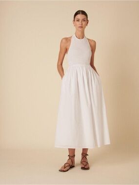 ZARA White Halter Midi Dress Open Back Cotton Poplin